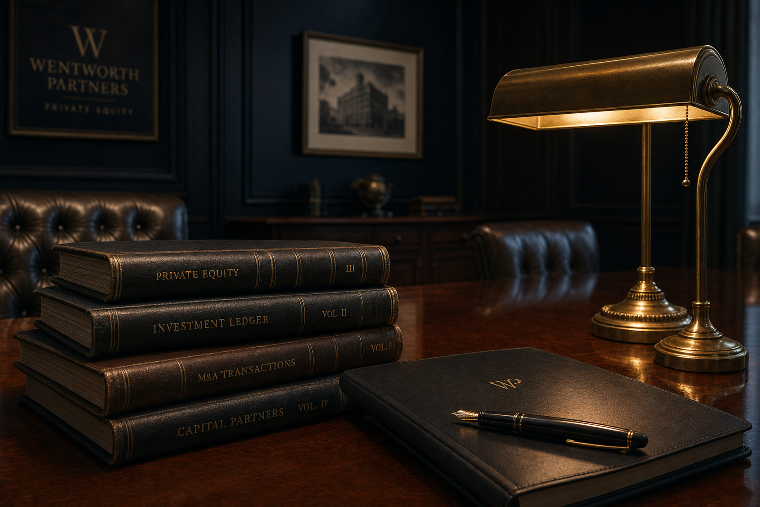 Antique boardroom with leather-bound ledgers and a brass banker's lamp.