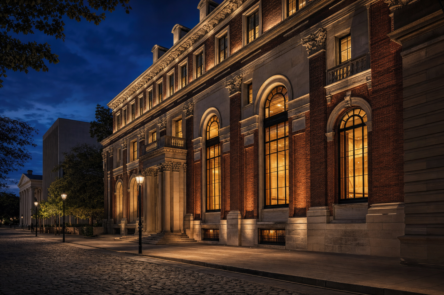 Historic Richmond financial district at dusk.